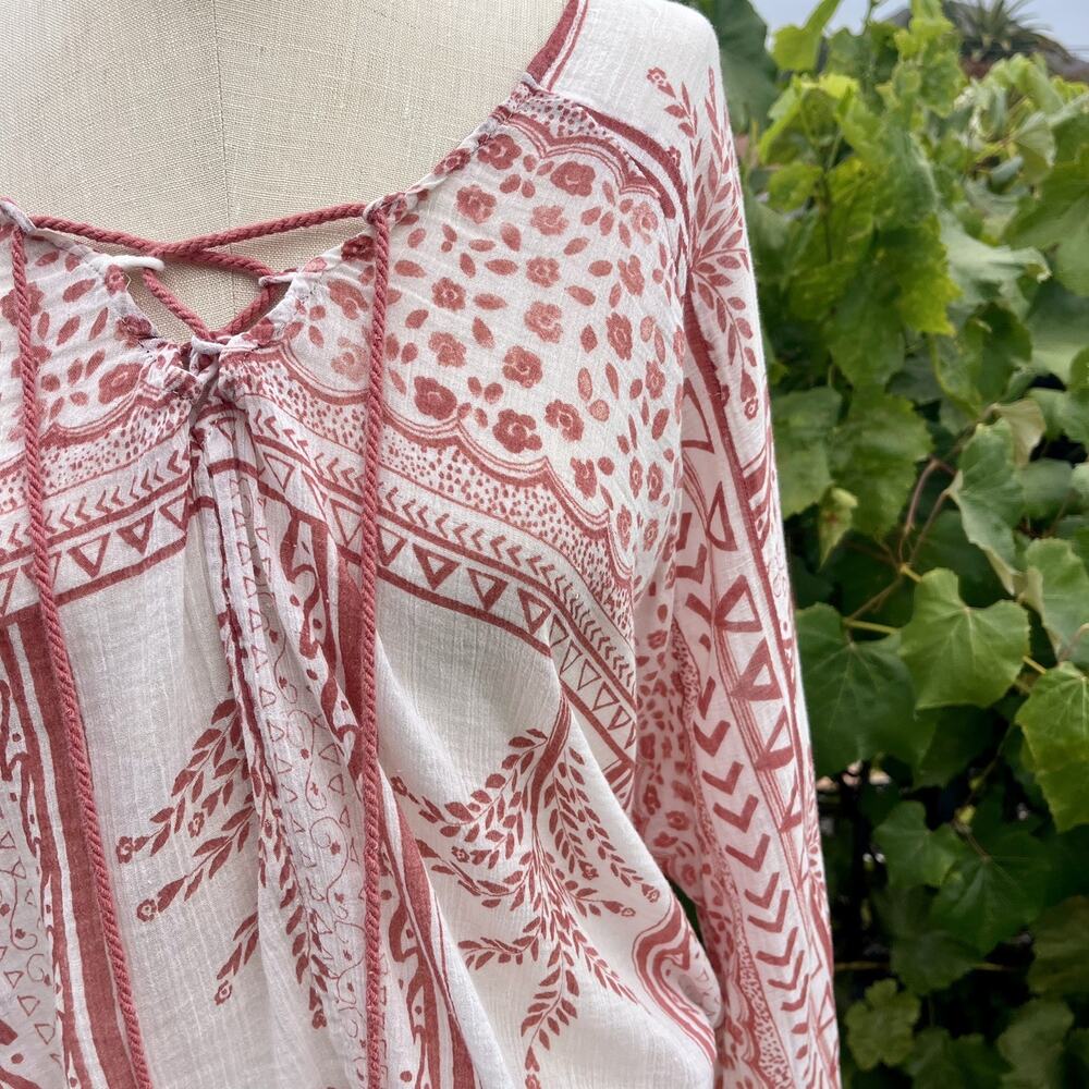 Free People Magical Yo Yo Geo Peasant Blouse Boho Semi Shear Small 3/4 Sleeve